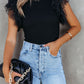 Black Dotty Mesh Ruffle Sleeve Ribbed Knit Top (Slim-fit)