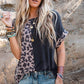 Black Half Leopard Patchwork Short Sleeves Top