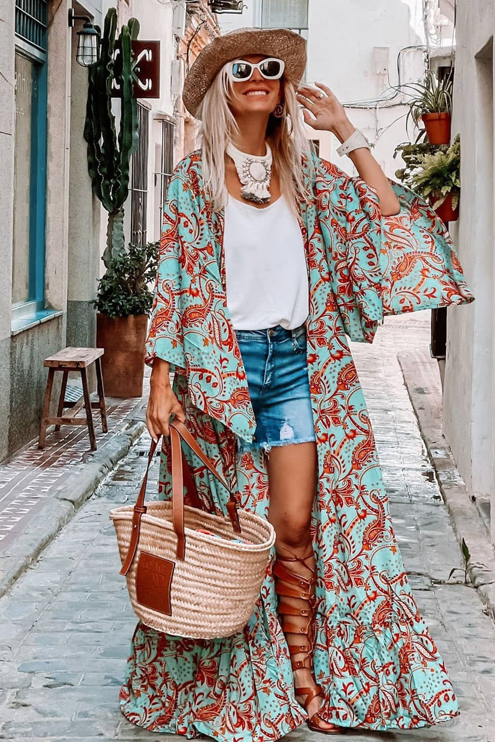 Boho Kimono Oversized Maxi Kimono Long Cotton Duster Coverup Tie