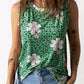 Green Crew Neck Floral Leopard Print Tank Top