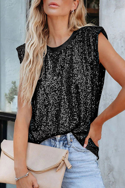 Black Sequin Round Neck Tank Top