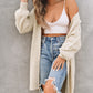 Khaki Open Front Cable Sleeve Long Cardigan