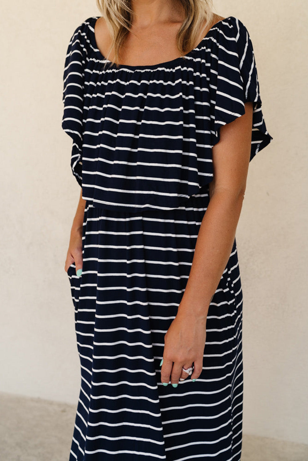 Blue Striped Print Ruffled High Waist Maxi Dress with Side Splits