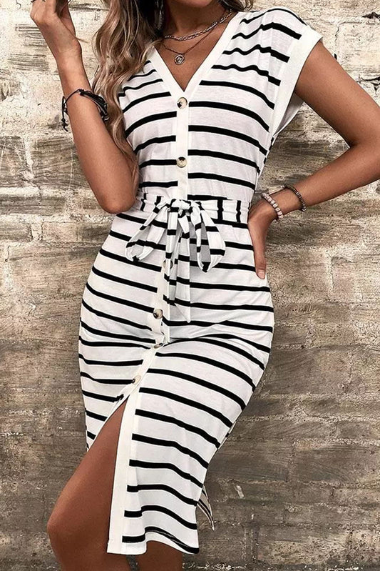 Stripe Striped Button Slit Tie V-Neck Midi Dress