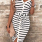 Stripe Striped Button Slit Tie V-Neck Midi Dress