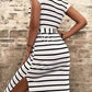 Stripe Striped Button Slit Tie V-Neck Midi Dress