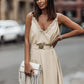Apricot V Neck Sleeveless Maxi Dress with Elastic Belt