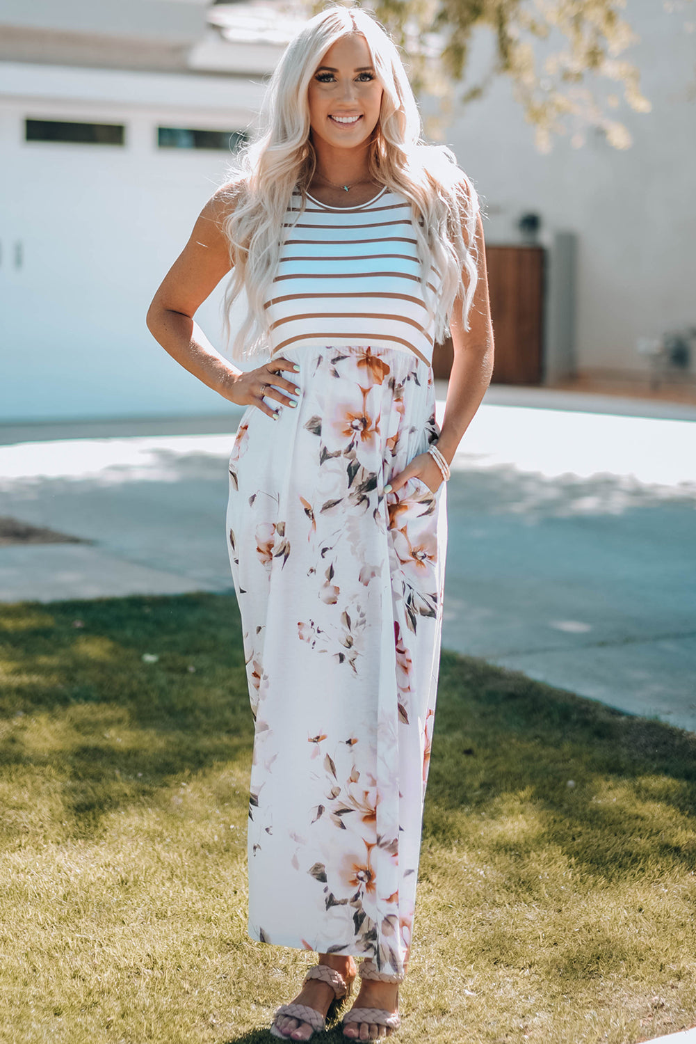 Striped floral maxi clearance dress