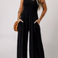 Black Smocked Sleeveless Wide Leg Jumpsuit with Pockets