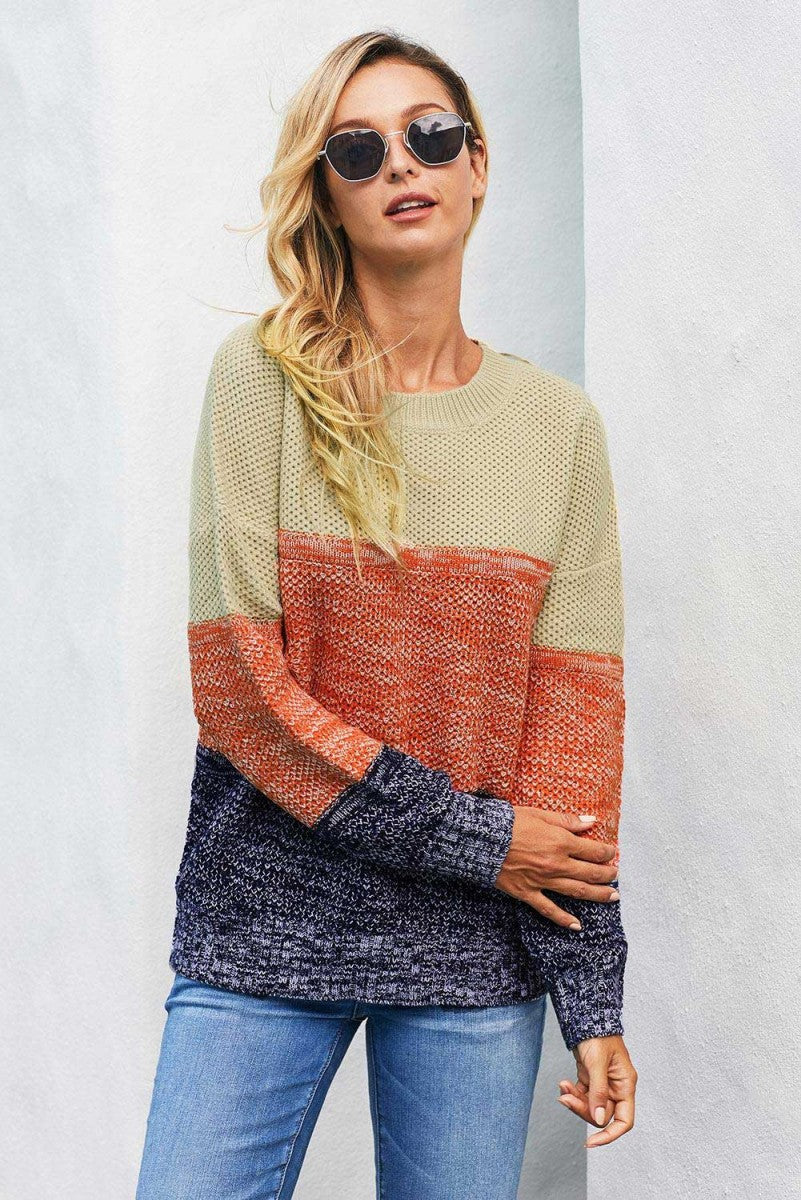 Orange-Blue-Block-Texture-Pullover-Sweater